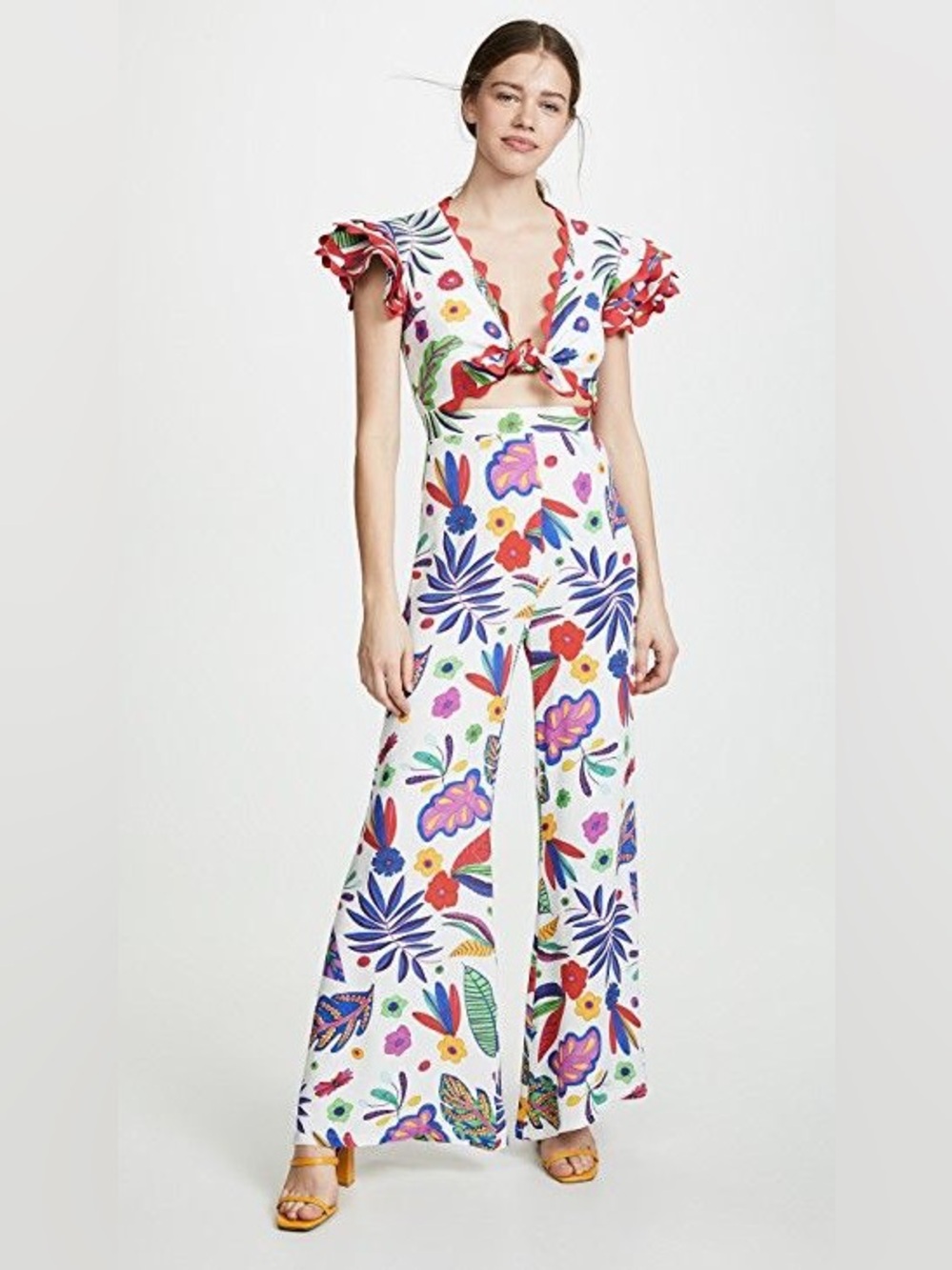 CeliaB White Floral Cutout Jumpsuit with Red Trim